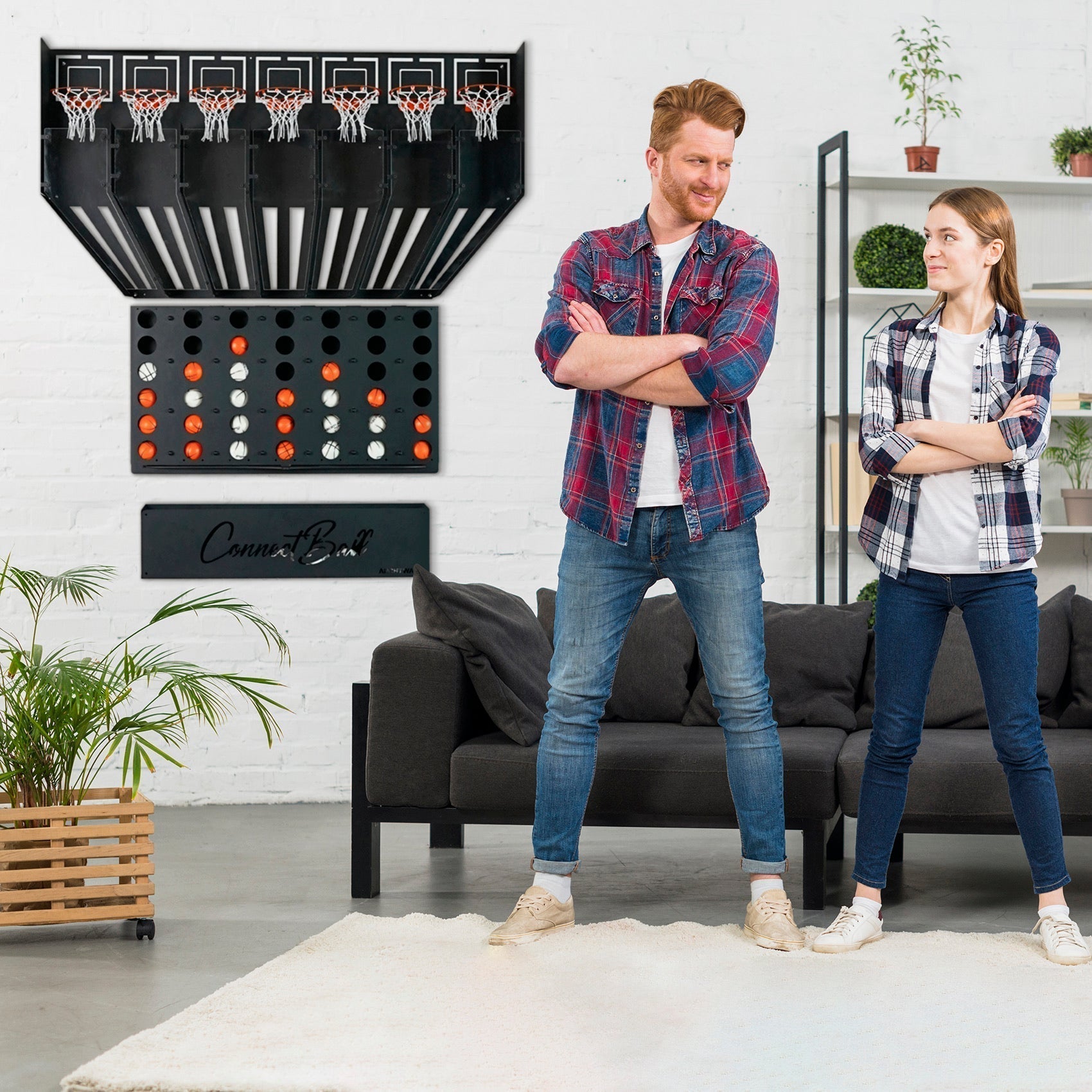 Black wall-mounted connect balls hoop set with four balls nets and central piece ball return system