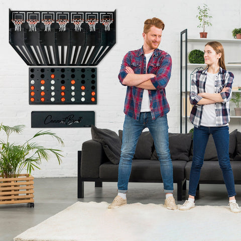 Black wall-mounted connect balls hoop set with four balls nets and central piece ball return system