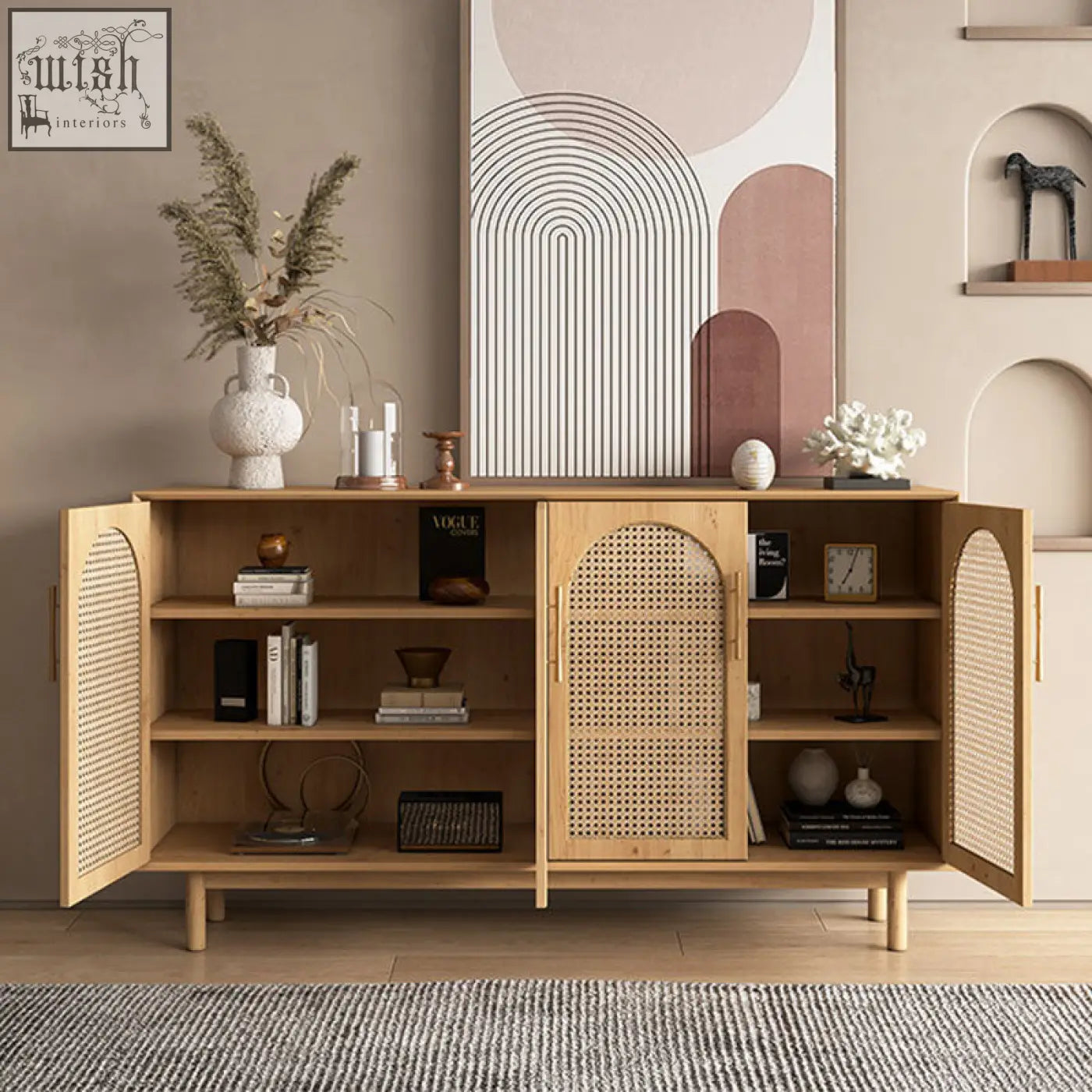 Light wood constance rattan sideboard with arched cane-paneled doors and open shelving made of pine wood