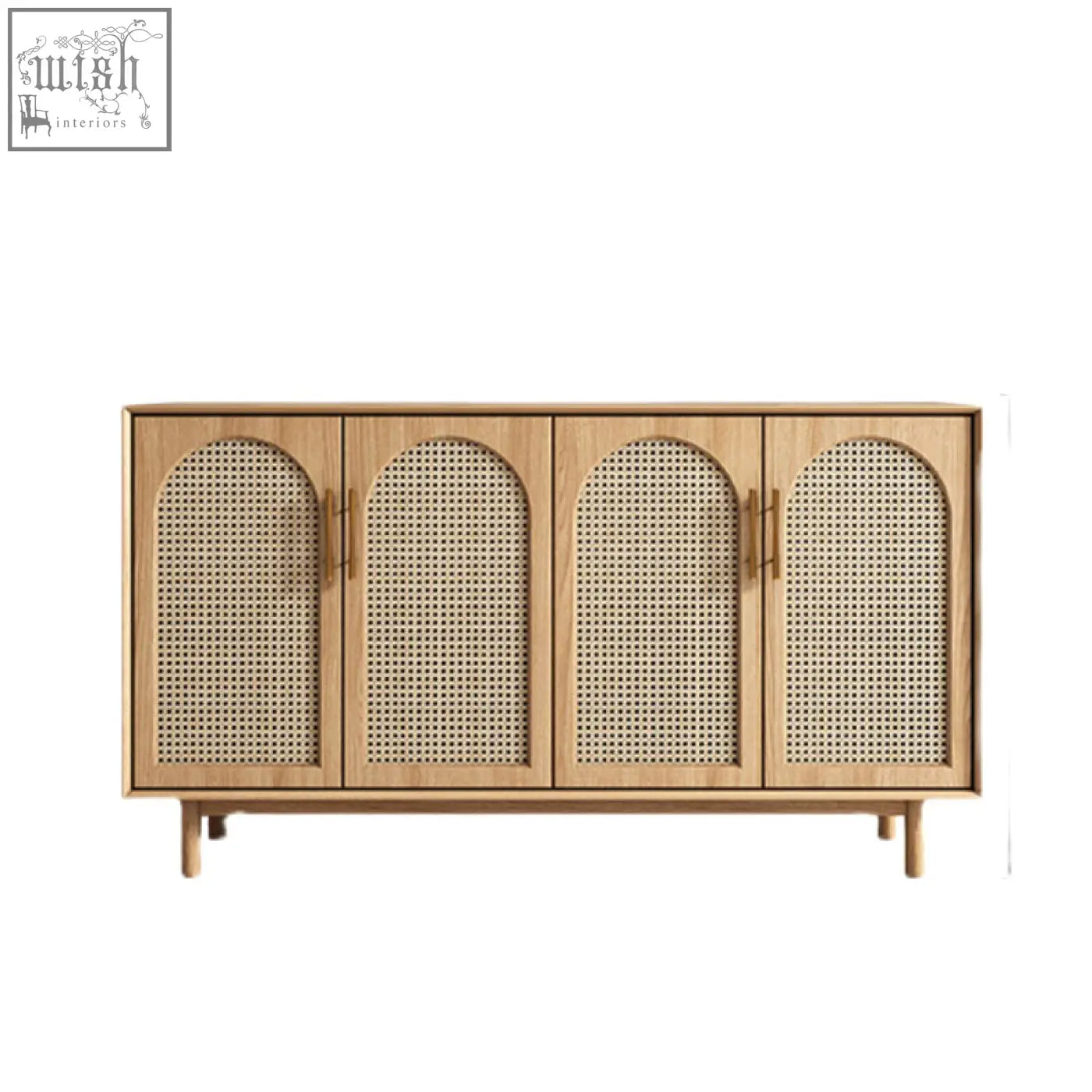 Light wood constance rattan sideboard with four arched woven cane doors and slender metal handles in pine wood