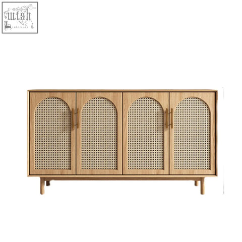 Light wood constance rattan sideboard with four arched woven cane doors and slender metal handles in pine wood