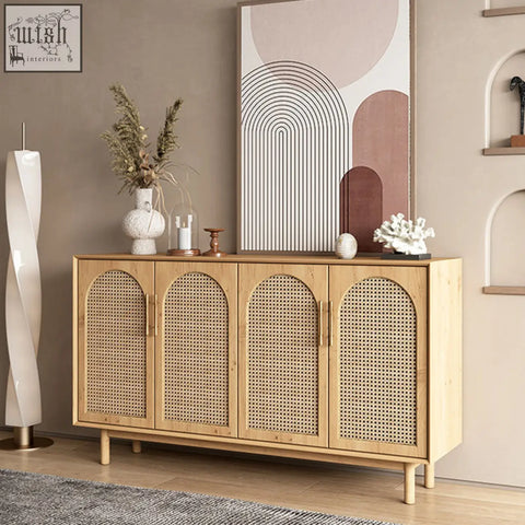 Light pine wood constance rattan sideboard with four arched woven cane doors and slender legs