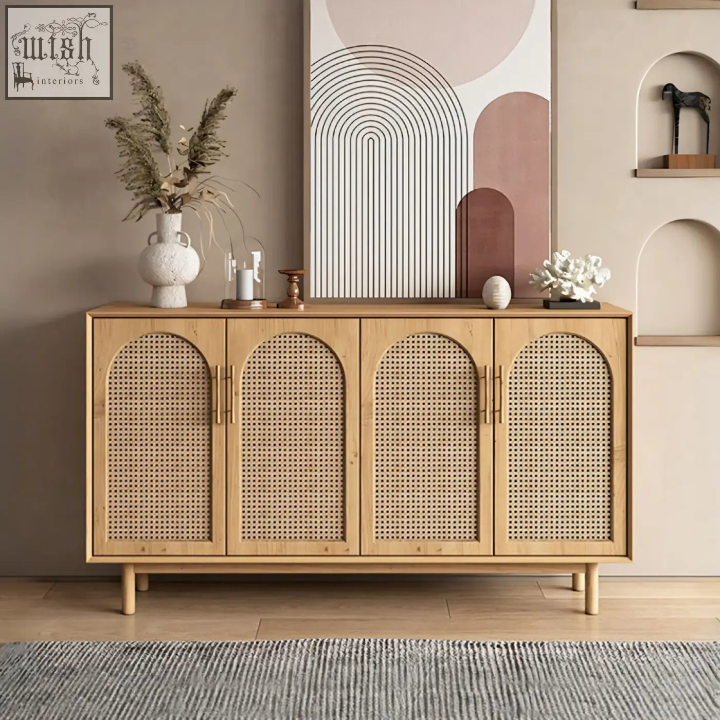 Light wood constance rattan sideboard with four arched woven cane doors and gold-tone handles in pine wood