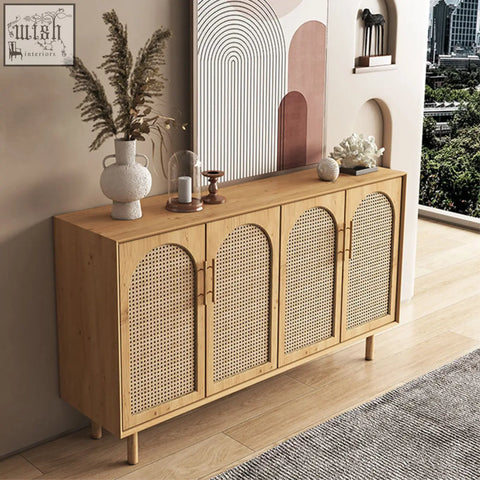 Light wood constance rattan sideboard with three arched woven cane doors and tapered legs in pine wood finish