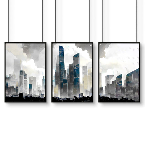 Contemporary Art Wall Decor | Set of 3 Urban Skyscrapers Wall art Prints