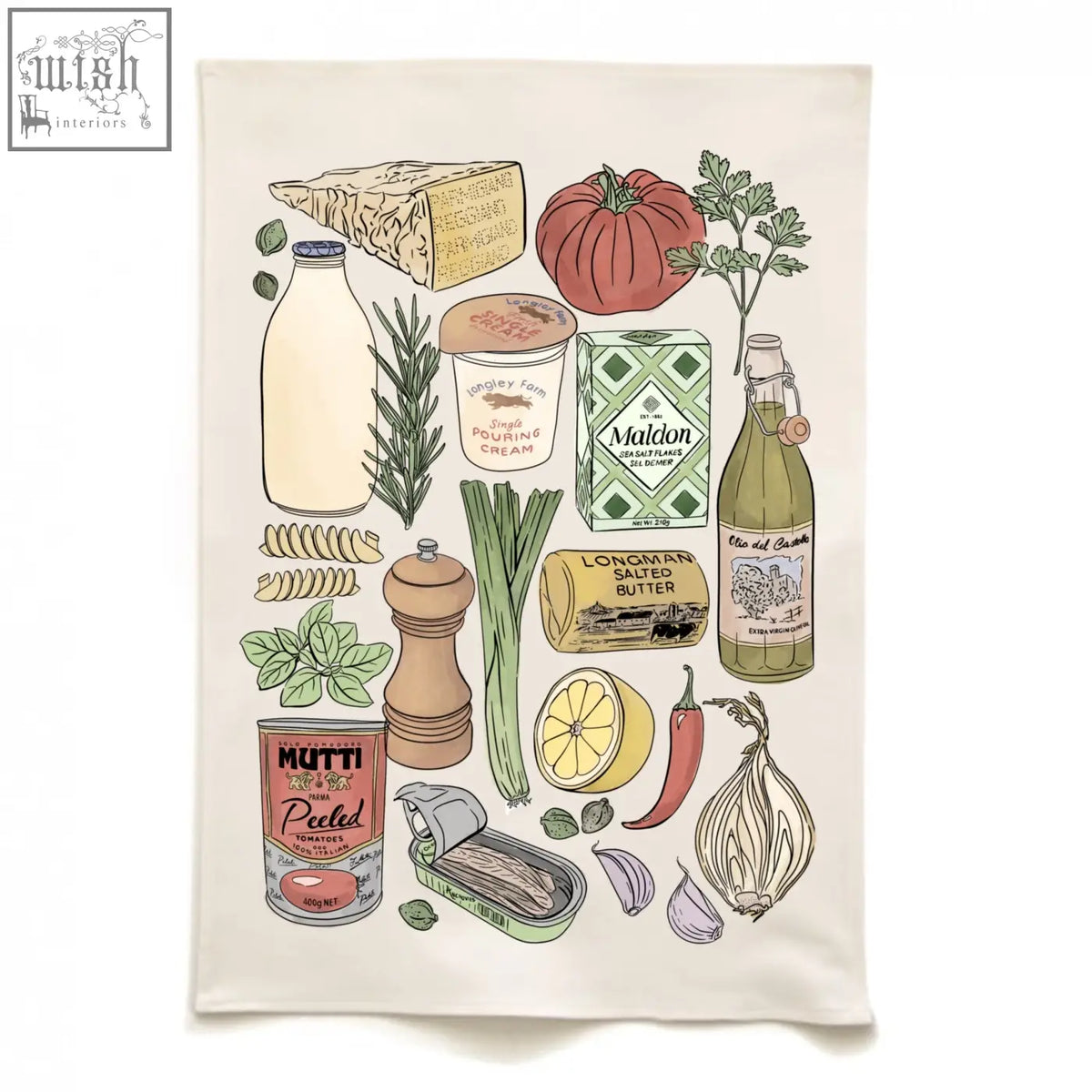 Cream-colored cooking essentials tea towel with illustrated cheese tomatoes herbs and condiments for kitchen use