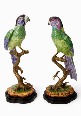 Pair of green and purple parrot figurines on ornate golden branches with black bases from copacabana hottest bird line