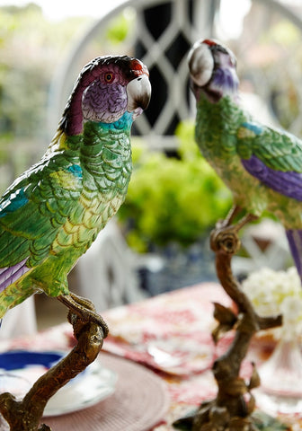 Vibrant green and purple glazed ceramic parrot figurine with detailed feathers called copacabana the hottest bird north of havana
