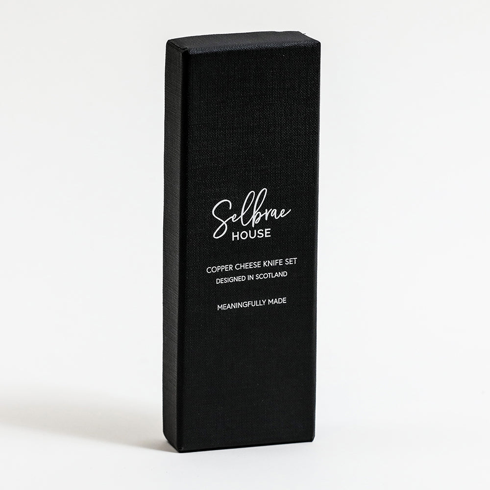 Black textured box for selbrae house copper cheese knives set of 2 designed in scotland with copper cheese details