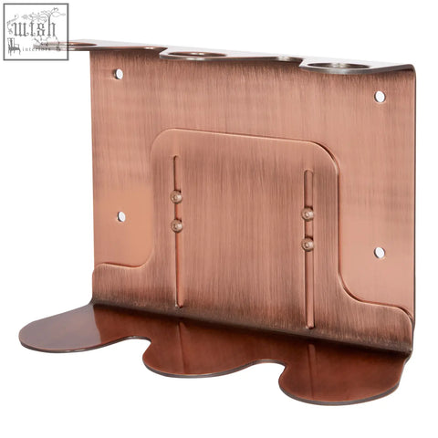 Copper triple wall-mounted soap dispenser with copper-finished metal holder, three slots, and hinged compartment