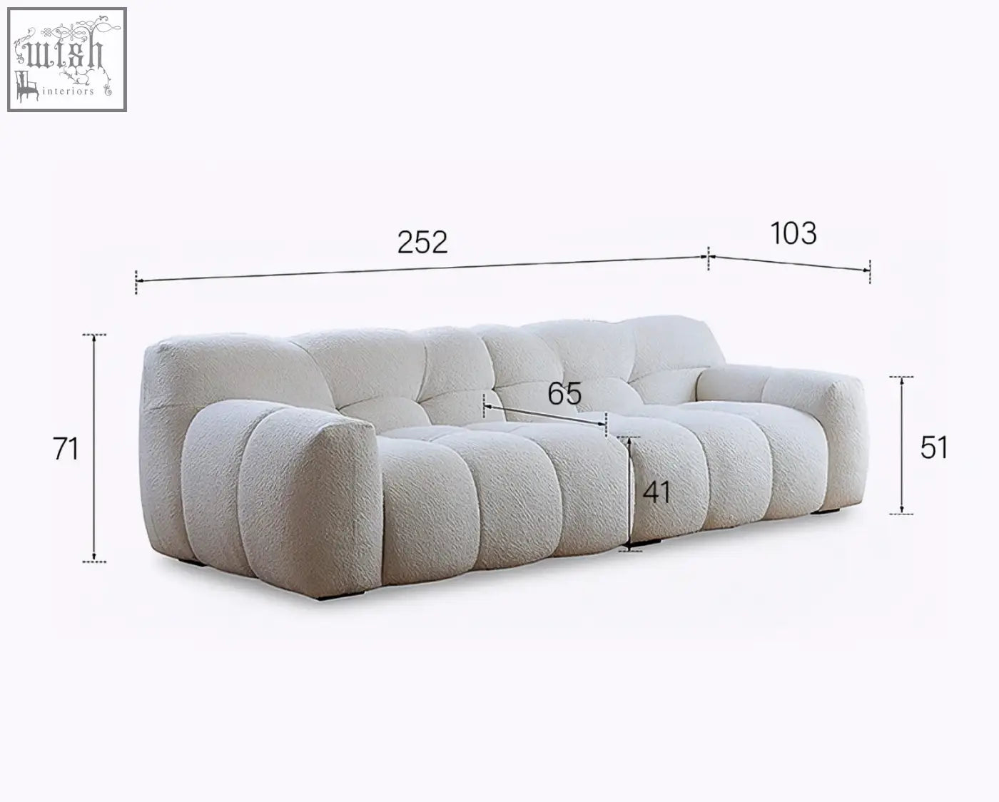 Cream-colored plush boucle cora three seater sofa with tufted cushions and rounded armrests for cozy seating