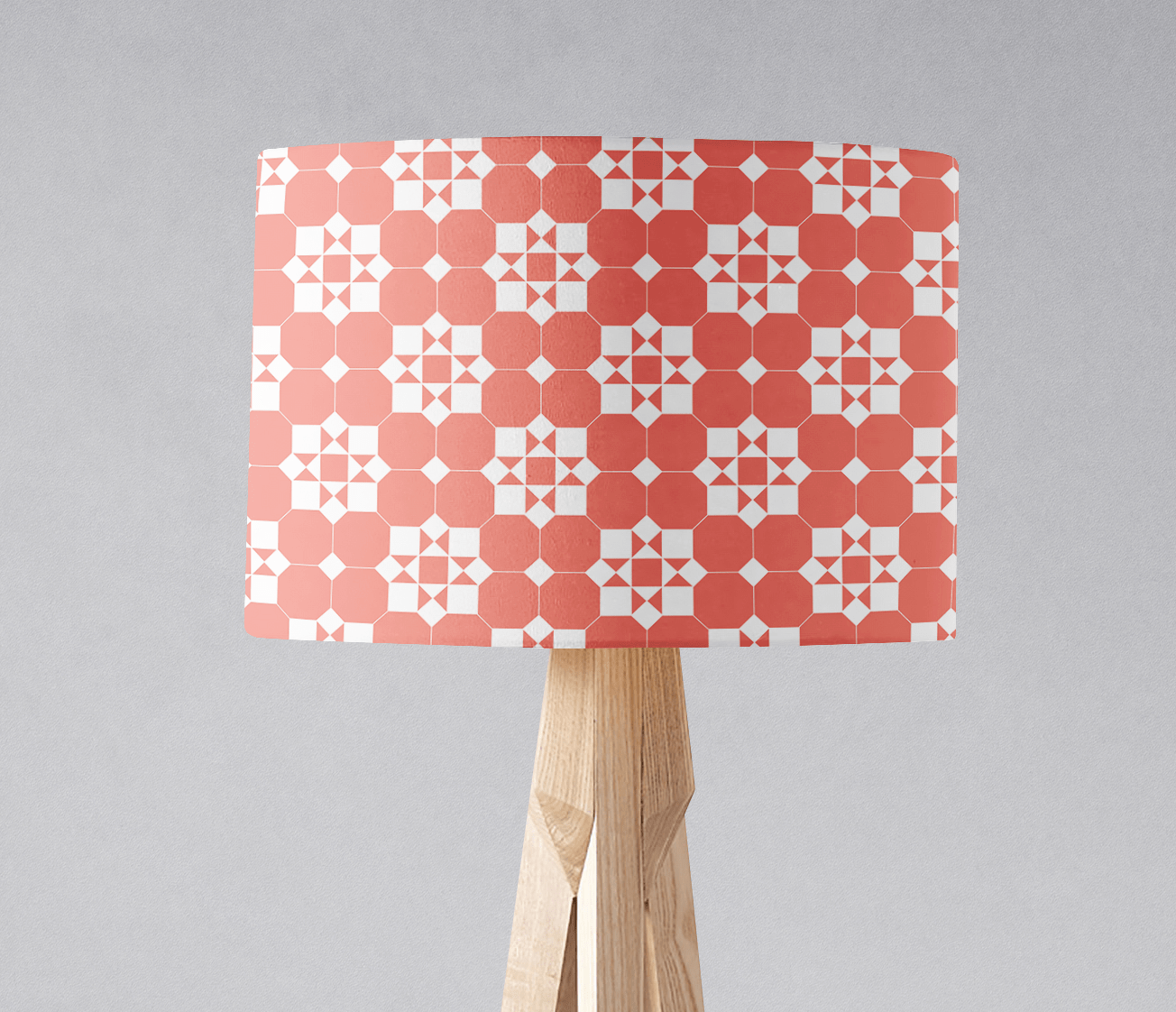 Coral and white geometric design lampshade with wooden tripod base perfect as a table lamp shade