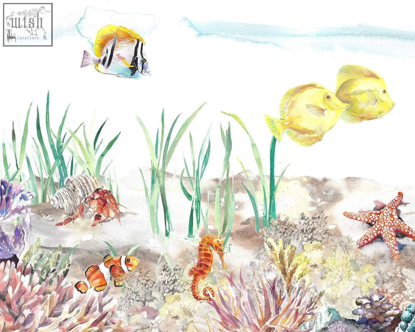 A 52cm wide watercolor coral reef underwater mural wallpaper with colorful fish coral and vibrant sea creatures