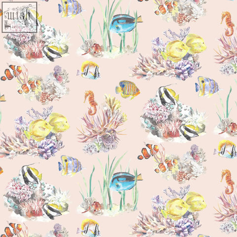 Pastel pink coral reef watercolour wallpaper with colorful tropical fish and sea creatures in a repeating pattern
