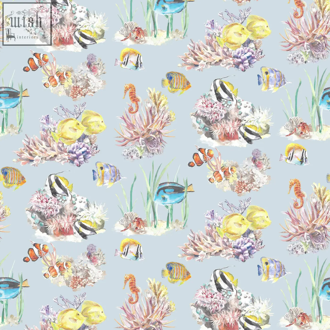 Pastel blue coral reef watercolour wallpaper with colorful tropical fish and coral reefs repeating pattern