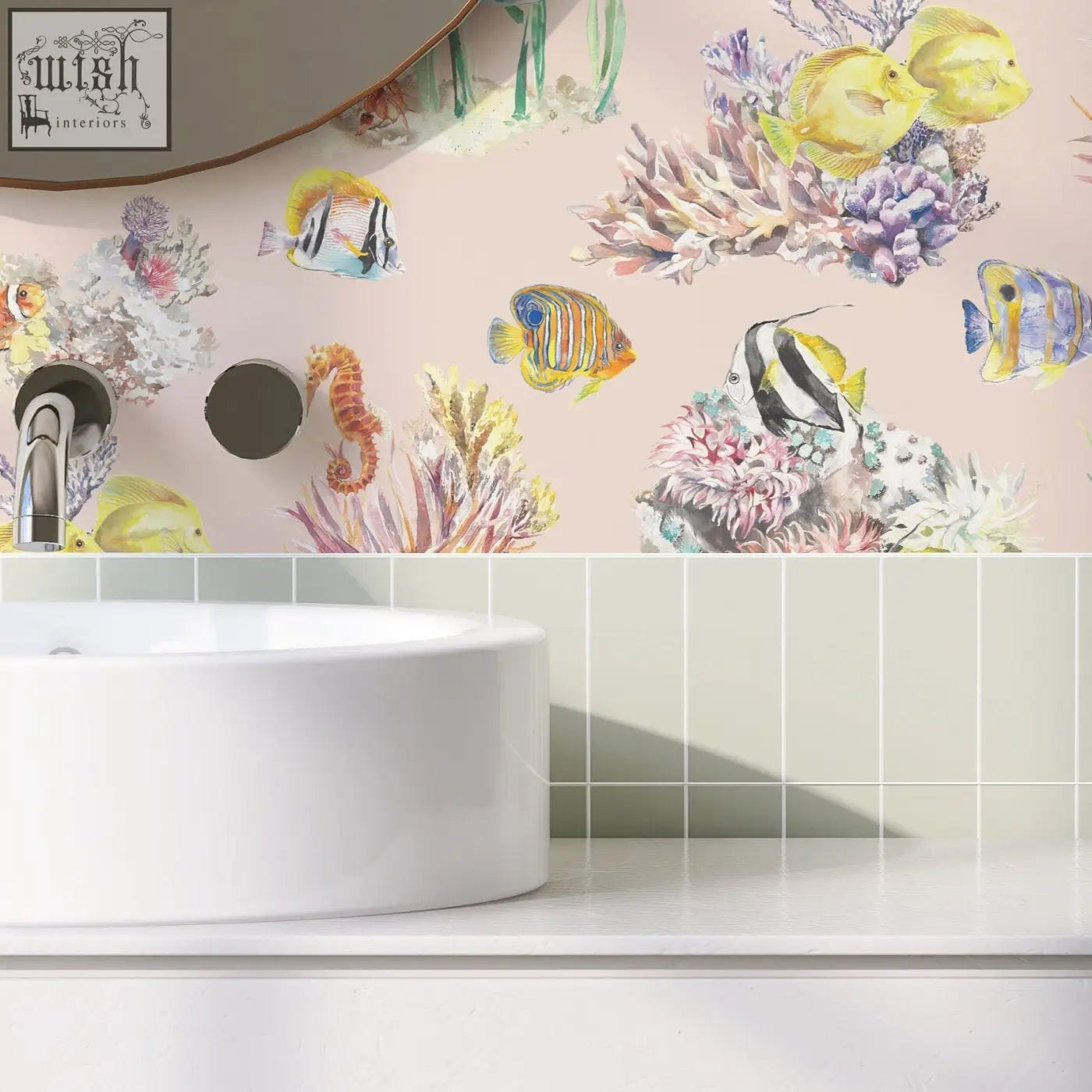 White ceramic vessel sink with smooth rounded edges in a coral reef watercolour wallpaper bathroom setting