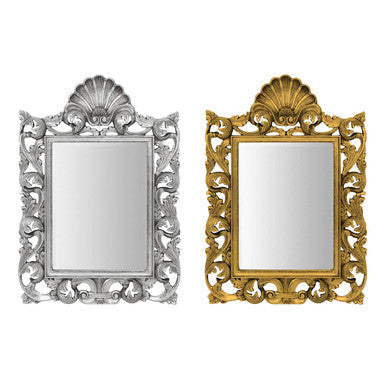 Silver and gold ornate corelli wall mirror with intricate shell and scrollwork frame in lightweight polyresin material