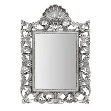 Silver corelli wall mirror with intricate shell and scrollwork detailing in a lightweight polyresin frame