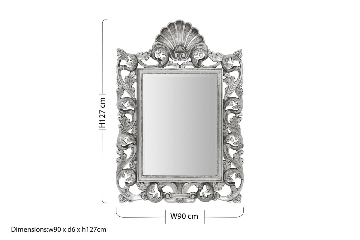 Silver ornate corelli wall mirror with intricate shell and leaf carvings in lightweight polyresin frame
