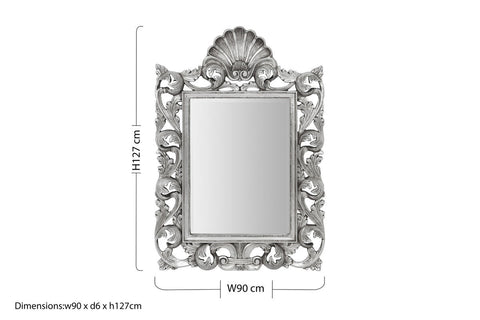 Silver ornate corelli wall mirror with intricate shell and leaf carvings in lightweight polyresin frame
