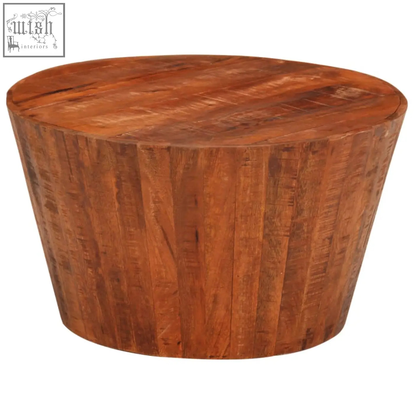 Rustic round coffee table made from solid mango wood with a warm natural finish and visible grain patterns
