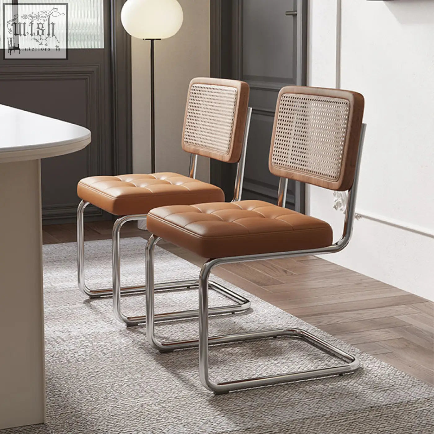 Brown leather tufted seat and cane back cornelia dining chair with chrome cantilever frame for stylish dining
