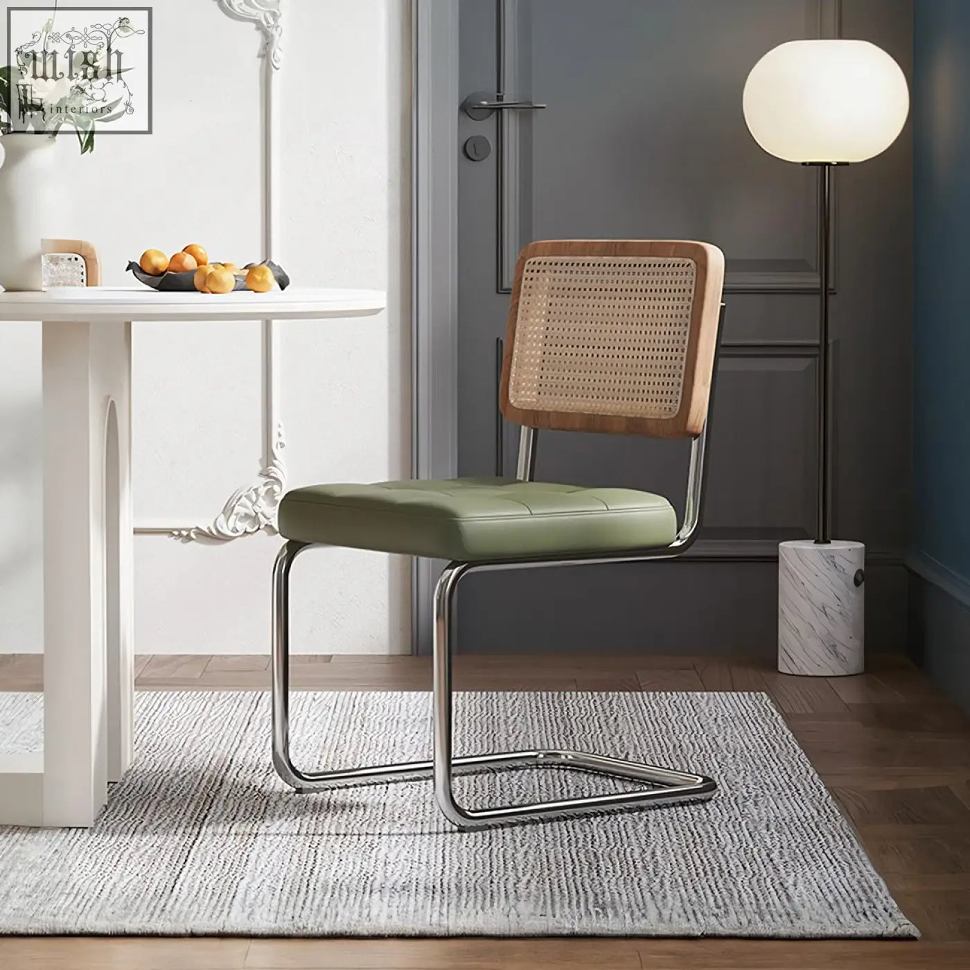 Green leather cornelia dining chair with woven rattan backrest and chrome metal frame for stylish dining
