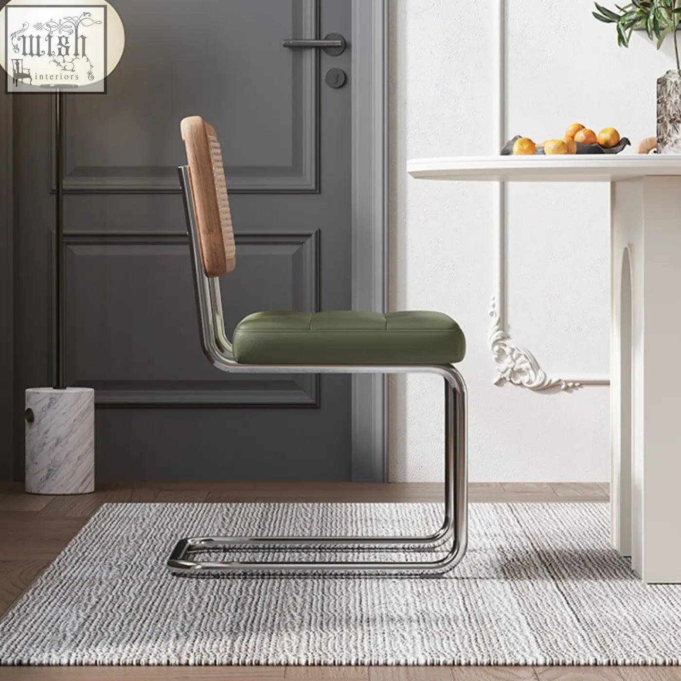 Modern olive green leather cornelia dining chair with polished chrome cantilever frame and light wood backrest