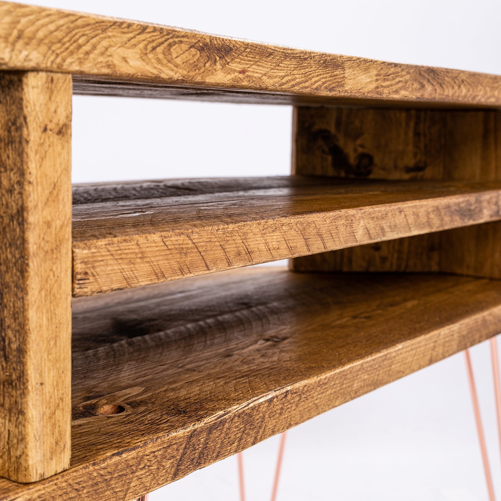 Rustic bespoke wooden unit corner tv display stand with three tiers and warm brown finish showing wood grain