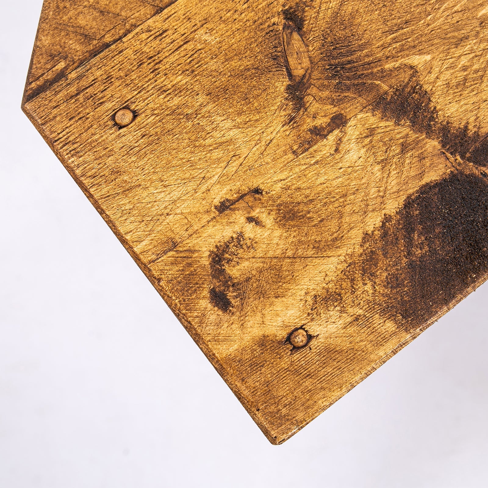 A rustic golden brown bespoke wooden unit cutting board with visible grain and dark knots for display stand use