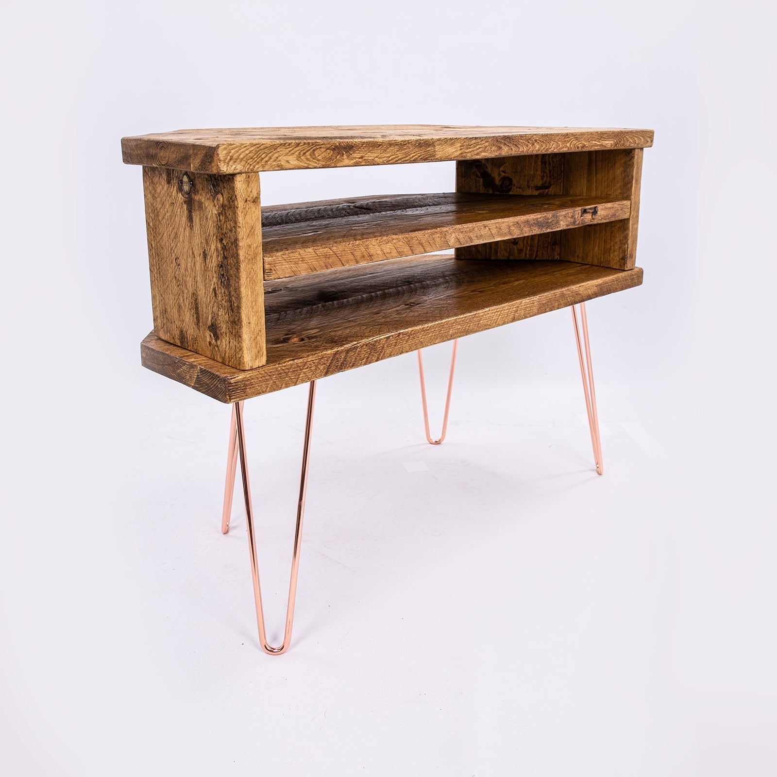 Rustic wooden corner tv and display stand with copper hairpin legs and two open shelves bespoke wooden unit
