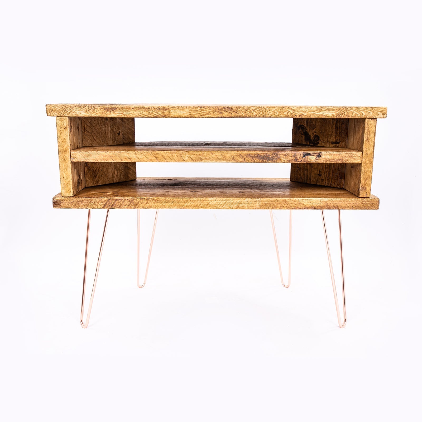 Rustic wooden corner tv and display stand with two shelves and slender metal hairpin legs bespoke wooden unit