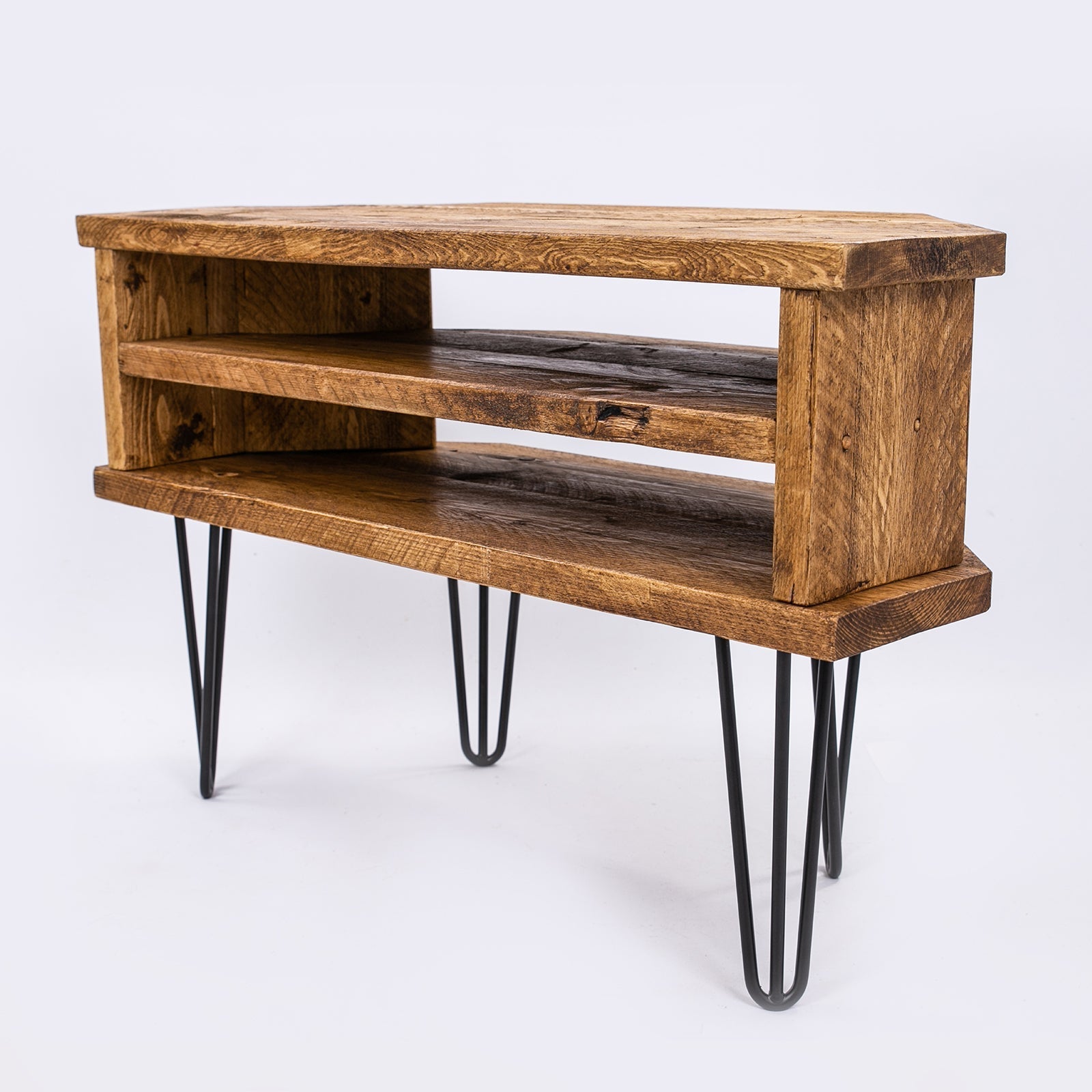 Rustic wooden console table with two shelves and black steel legs perfect for corner tv units or plant stand use