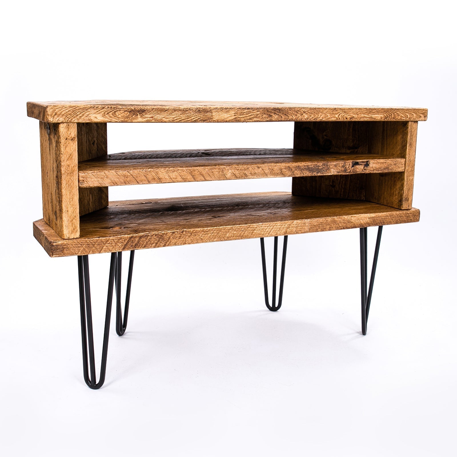 Rustic wooden console table with two open shelves and black steel legs perfect for corner tv units and plant stands