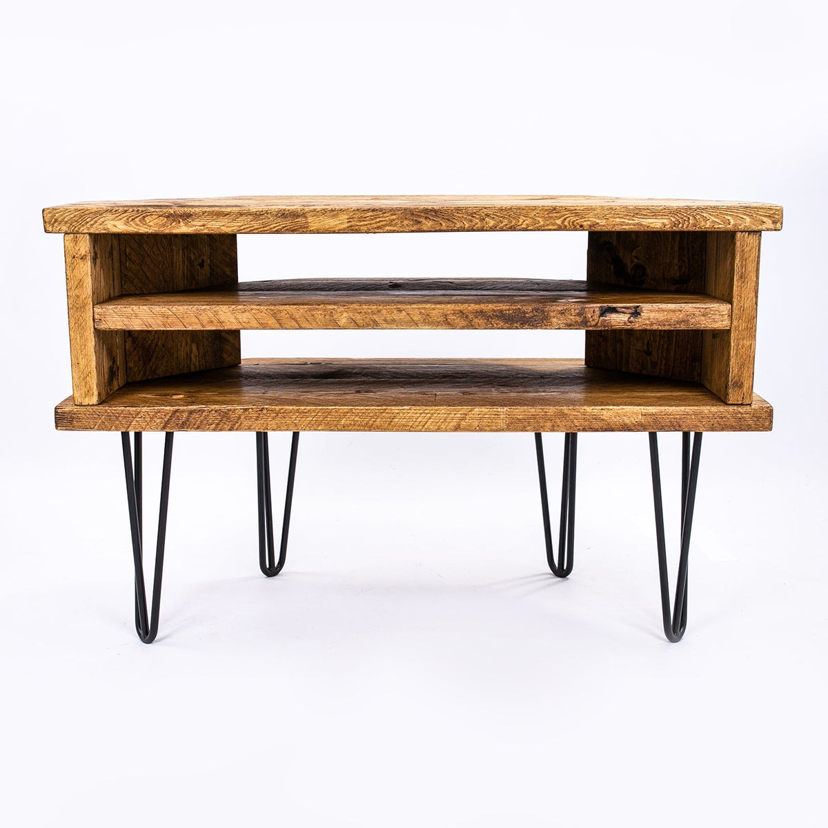 Rustic wooden coffee table with black steel hairpin legs matching corner tv units and wooden plant stand style