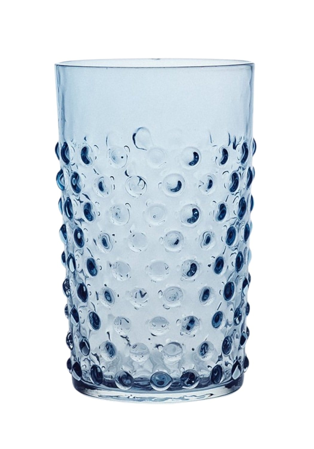 A translucent cornflower blue glass tumbler with a textured blue dew drop surface set of 4