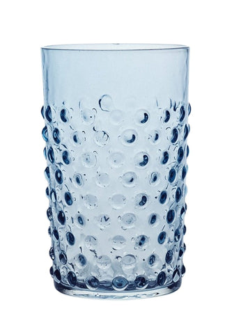 A translucent cornflower blue glass tumbler with a textured blue dew drop surface set of 4