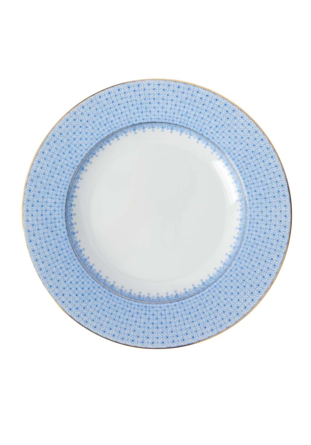 A delicate cornflower blue lace ceramic dinner plate with a subtle dotted pattern and thin gold rim set of 4