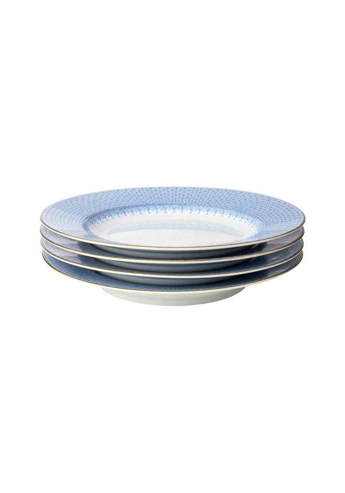 Stack of four cornflower blue lace ceramic dinner plates with subtle textured blue lace pattern around the rim