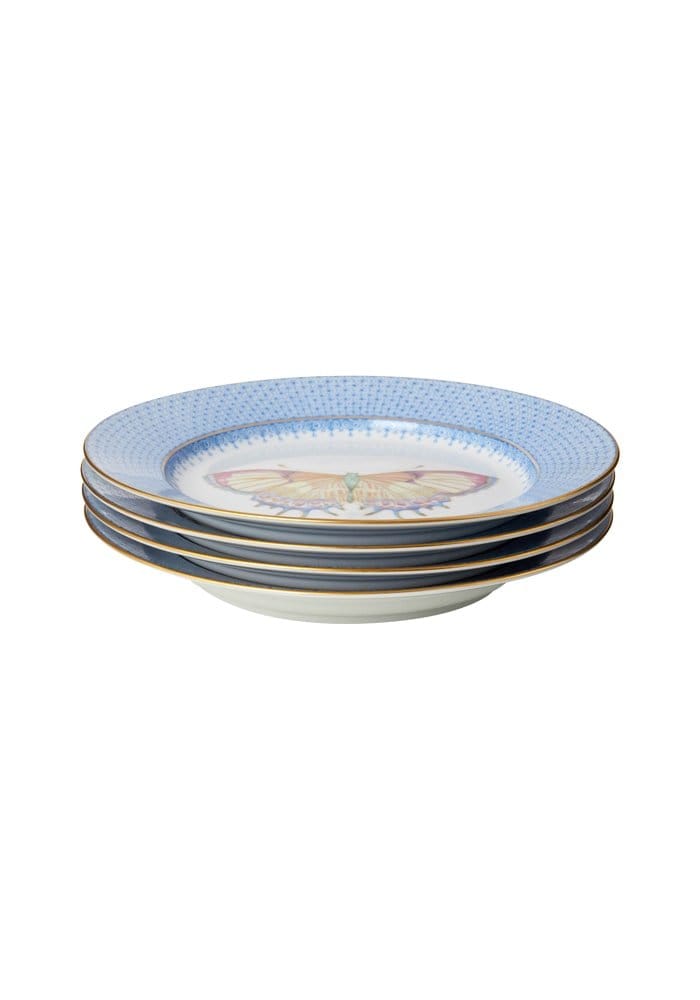 Stack of four delicate porcelain blue lace plates with cornflower blue lace dotted rim and lace plate butterfly design