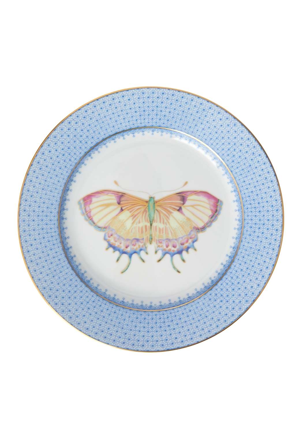 Delicate porcelain cornflower blue lace plate with hand-painted butterfly and light blue dotted border set of 4