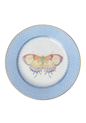 Delicate porcelain cornflower blue lace plate with hand-painted butterfly and light blue dotted border set of 4