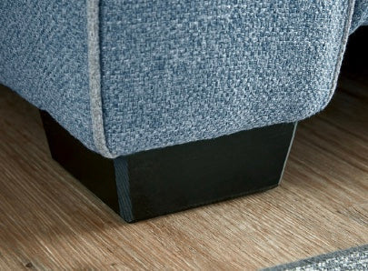 Blue textured fabric cornwall sofa with shaped square arms and black square legs perfect for stylish living rooms