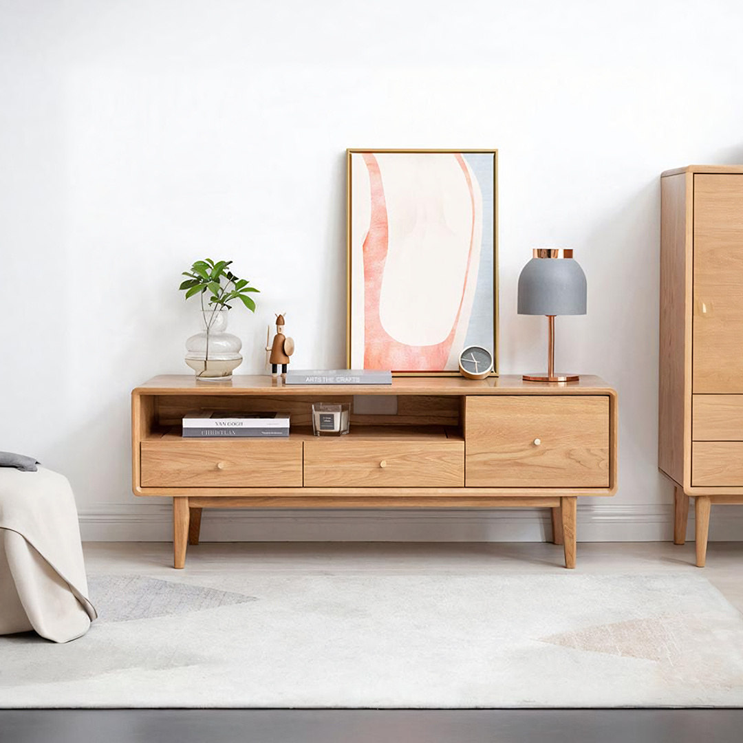 Light oak wood corona tv stand with three drawers and tapered legs perfect for media storage