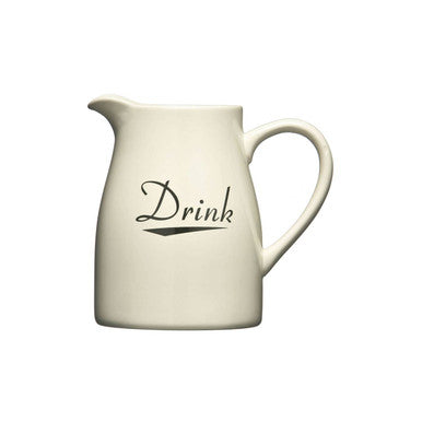 Cream-colored ceramic coronet jug 1250ml with curved handle and drink script for stylish serving