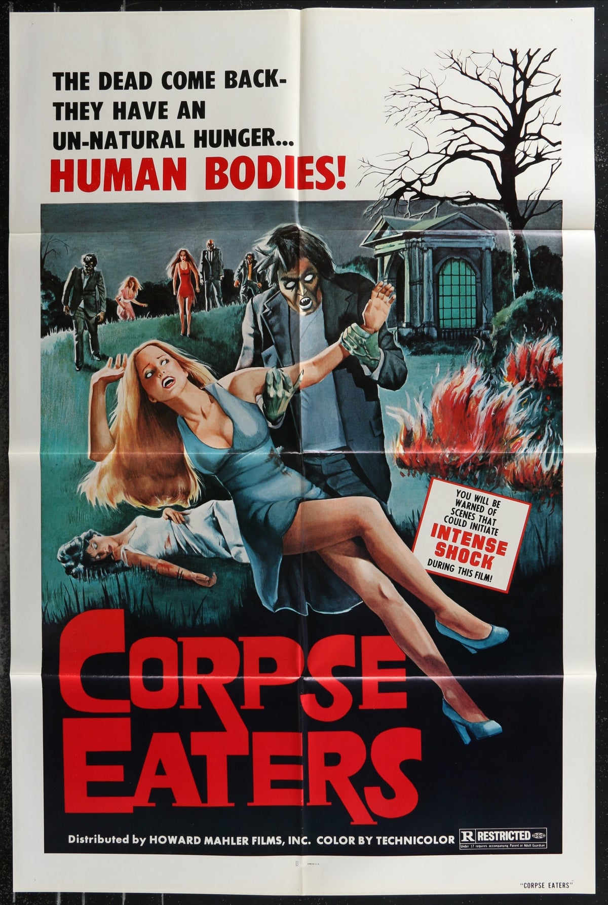 Vintage corpse eaters sheet movie poster showing a zombie attacking a woman in a blue dress against a dark backdrop