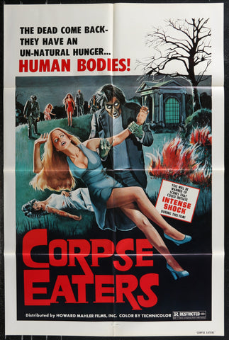Vintage corpse eaters sheet movie poster showing a zombie attacking a woman in a blue dress against a dark backdrop