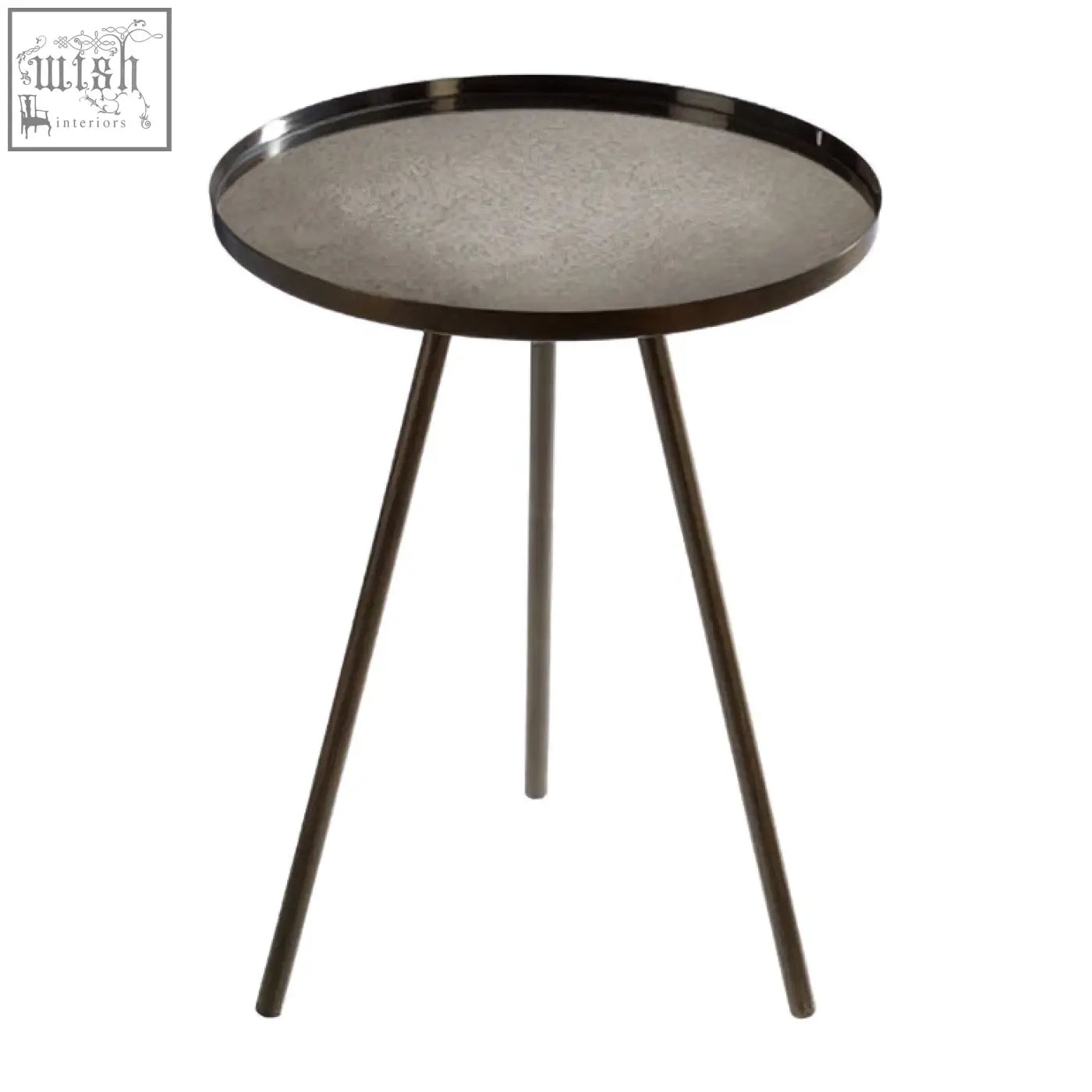 Corra black finish side table with a textured matte black finish circular top and three slender metal legs