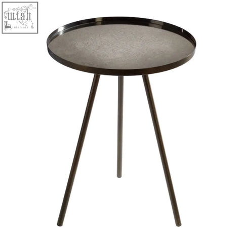 Corra black finish side table with a textured matte black finish circular top and three slender metal legs