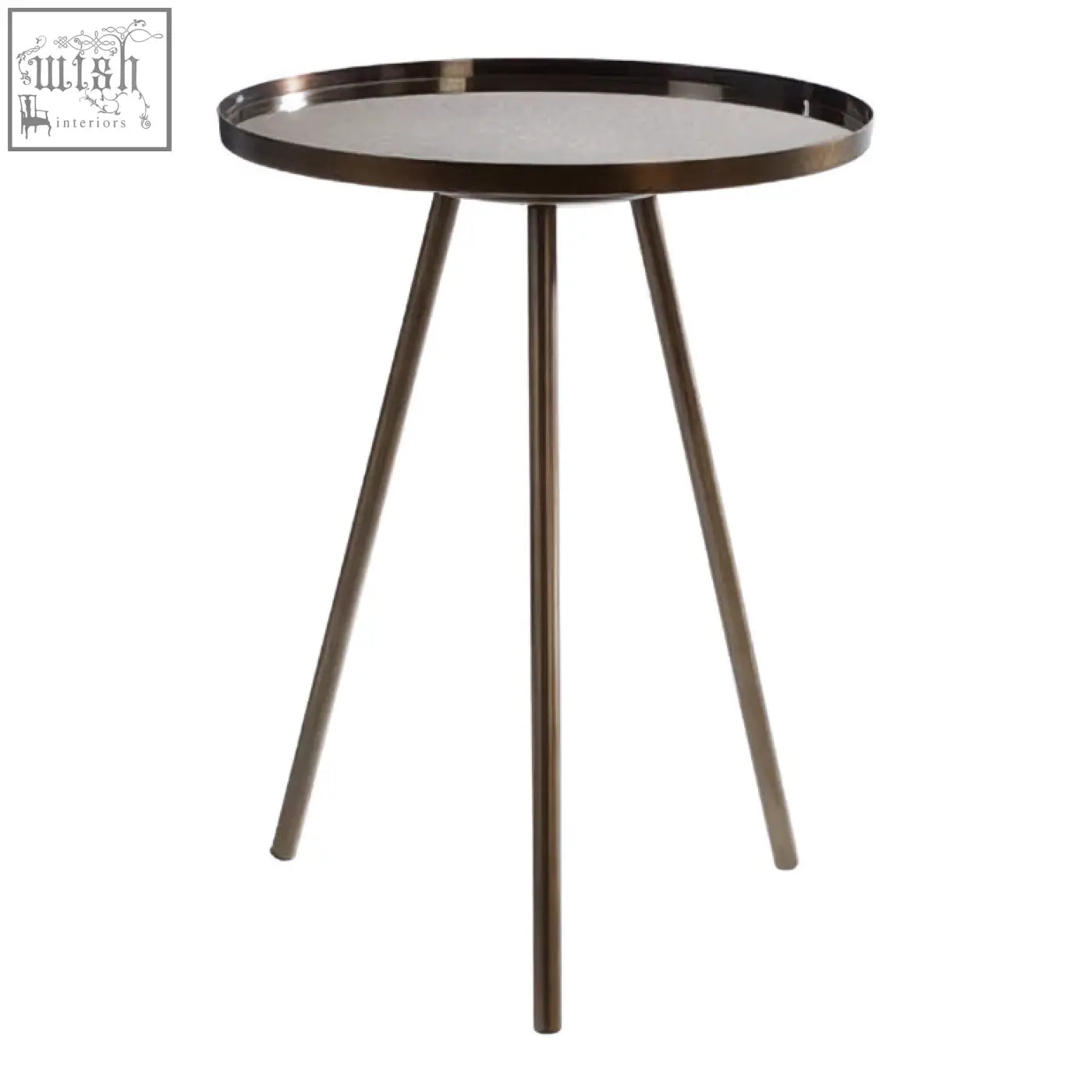 Modern corra black finish side table with a sleek metallic top and slender brushed bronze tripod legs